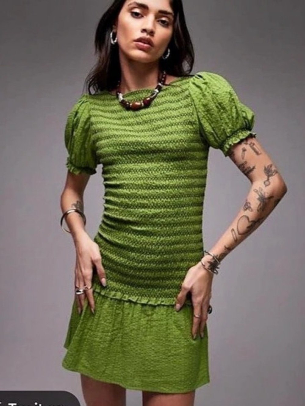 Topshop Shirred Mini Dress in Dark Chartreuse Green NWT